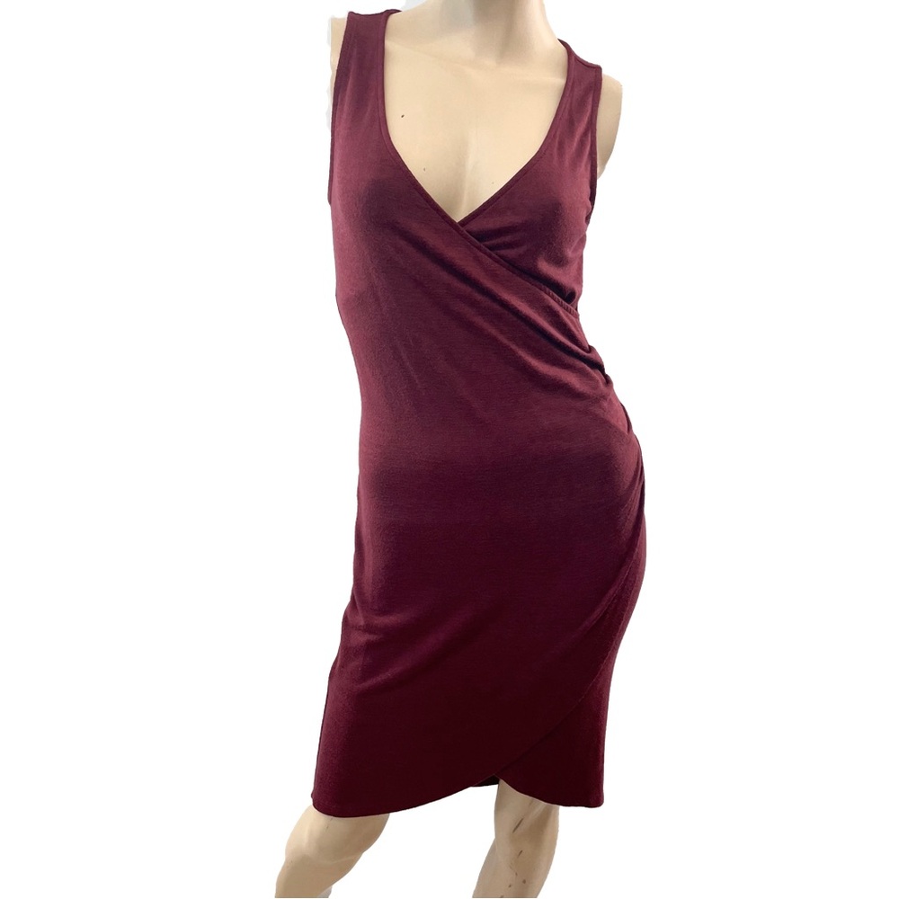 Burgundy Ruched Wrap Midi Sleeveless Dress- S